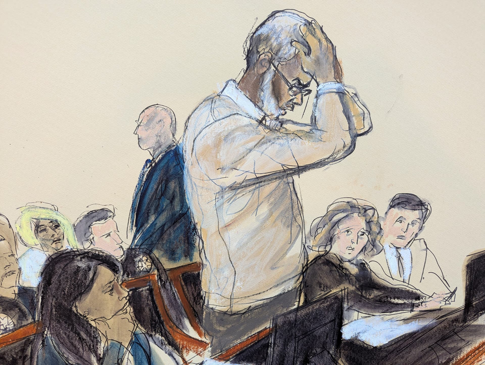 In this courtroom sketch, Sean Diddy Combs reacts as he makes a statement during his sentencing hearing in Manhattan federal court, Friday, Oct. 3, 2025.