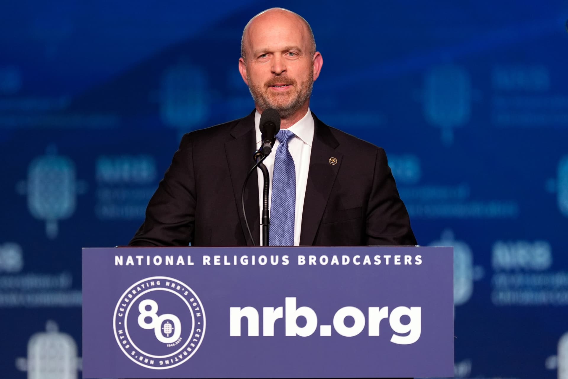 The president of the Heritage Foundation, Kevin Roberts, speaks at the National Religious Broadcasters convention on February 22, 2024, at Nashville. 