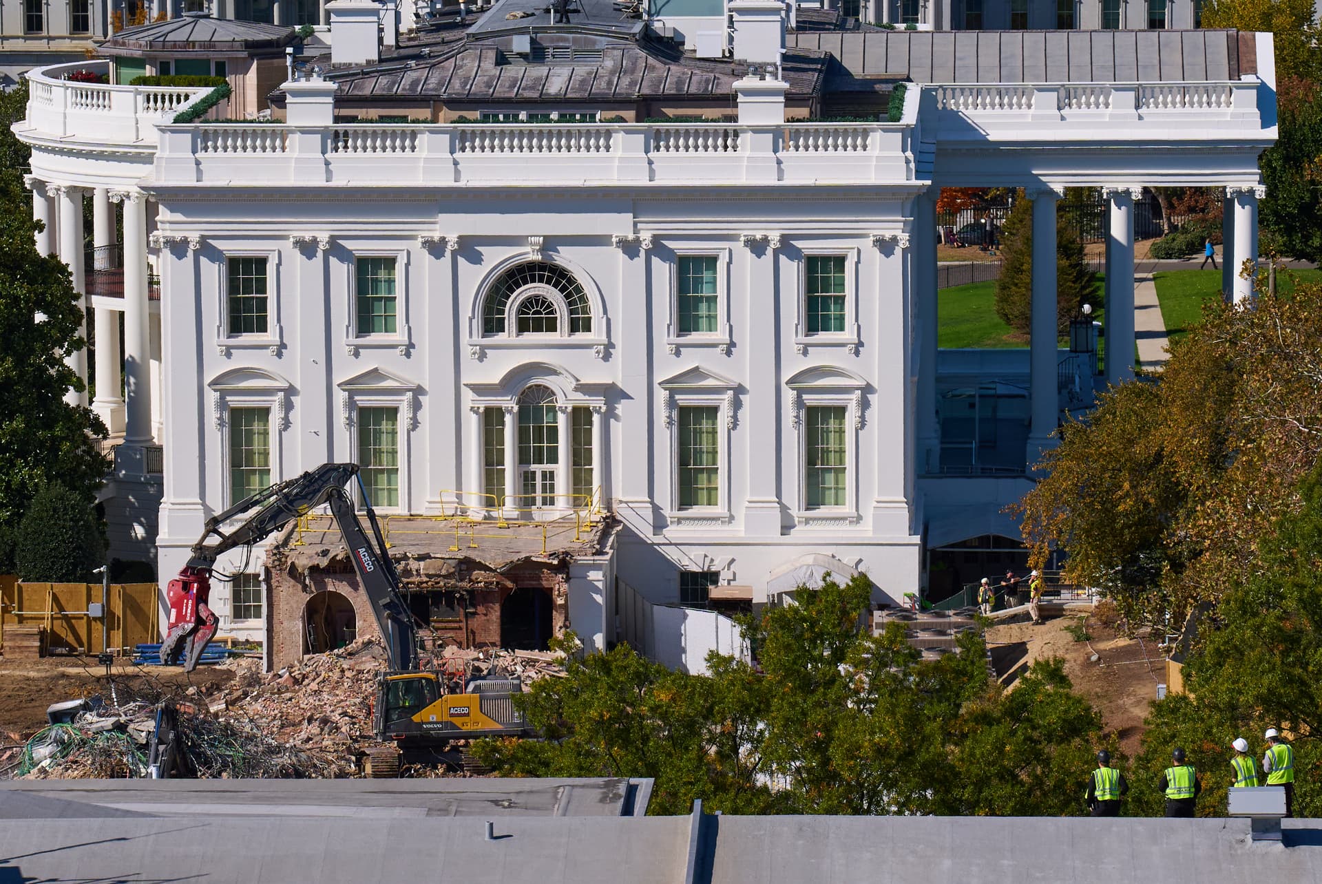 Workers demolish part of the East Wing of the White House to prepare for construction of a new ballroom on October 23, 2025.