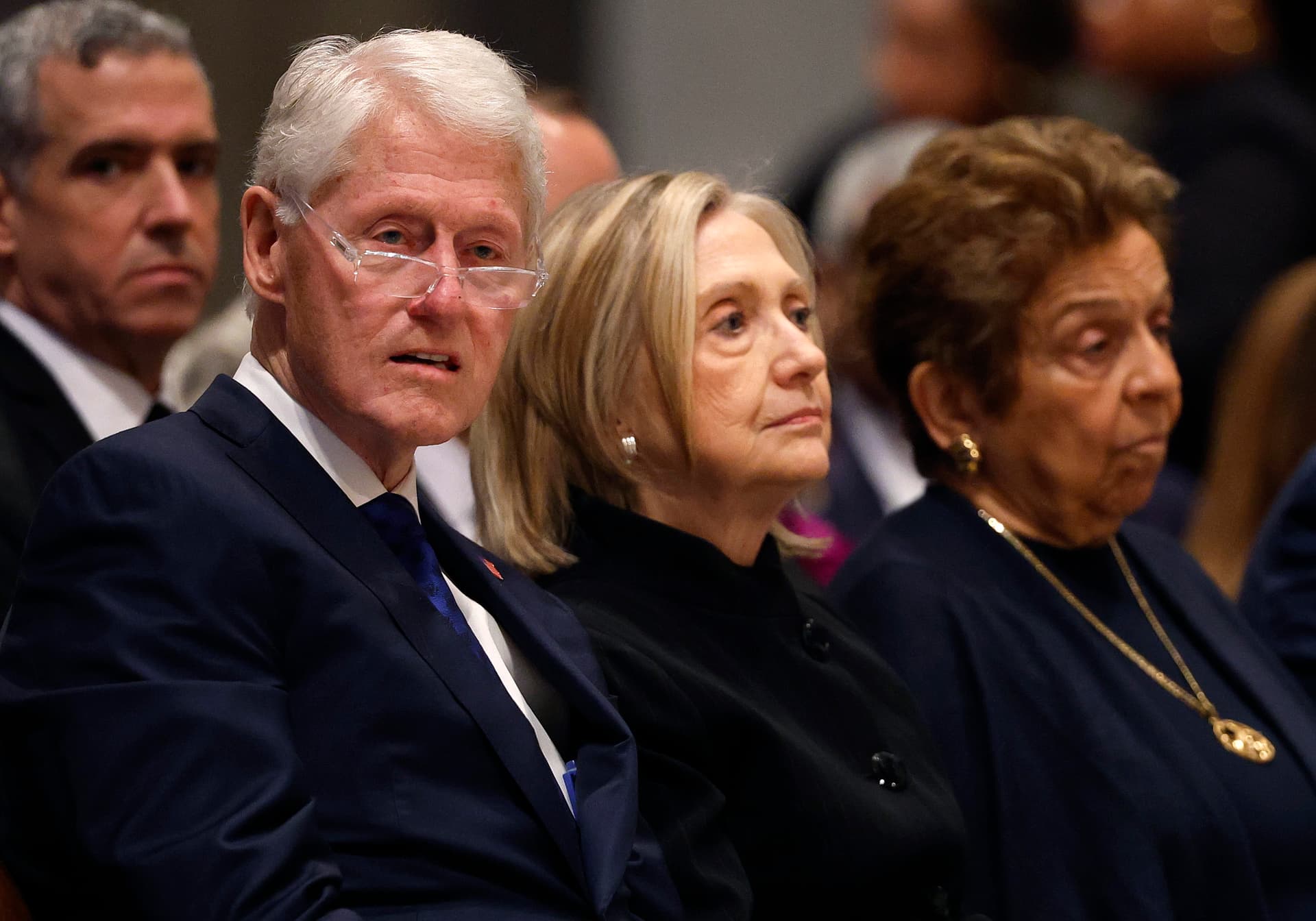 Bill and Hillary Clinton attend the funeral service of former Labor Secretary Alexis Herman at the National Cathedral on May 14, 2025.