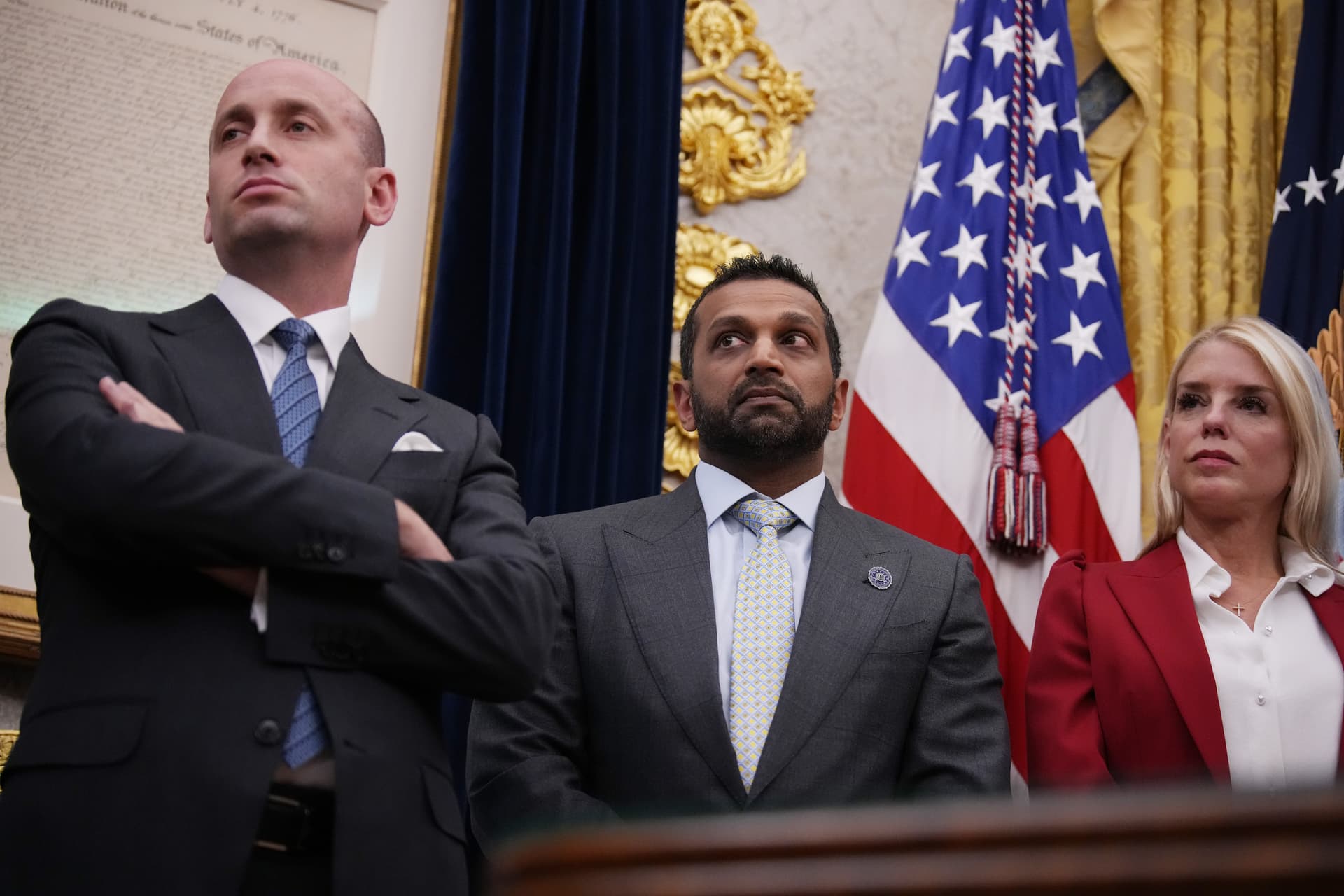 FBI Director Kash Patel listens to President Trump before he signs executive orders in the Oval Office on September 25, 2025.