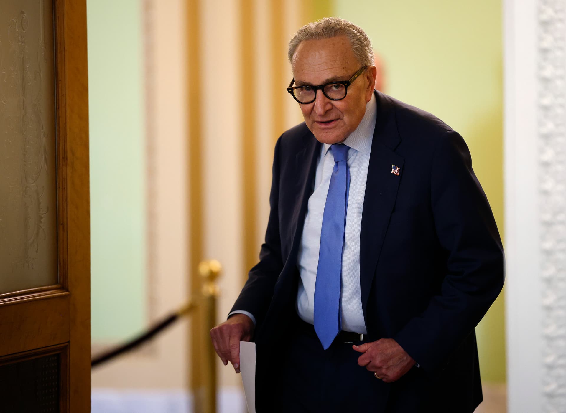 Senator Charles Schumer arrives for a press conference at the Capitol on October 3, 2025.