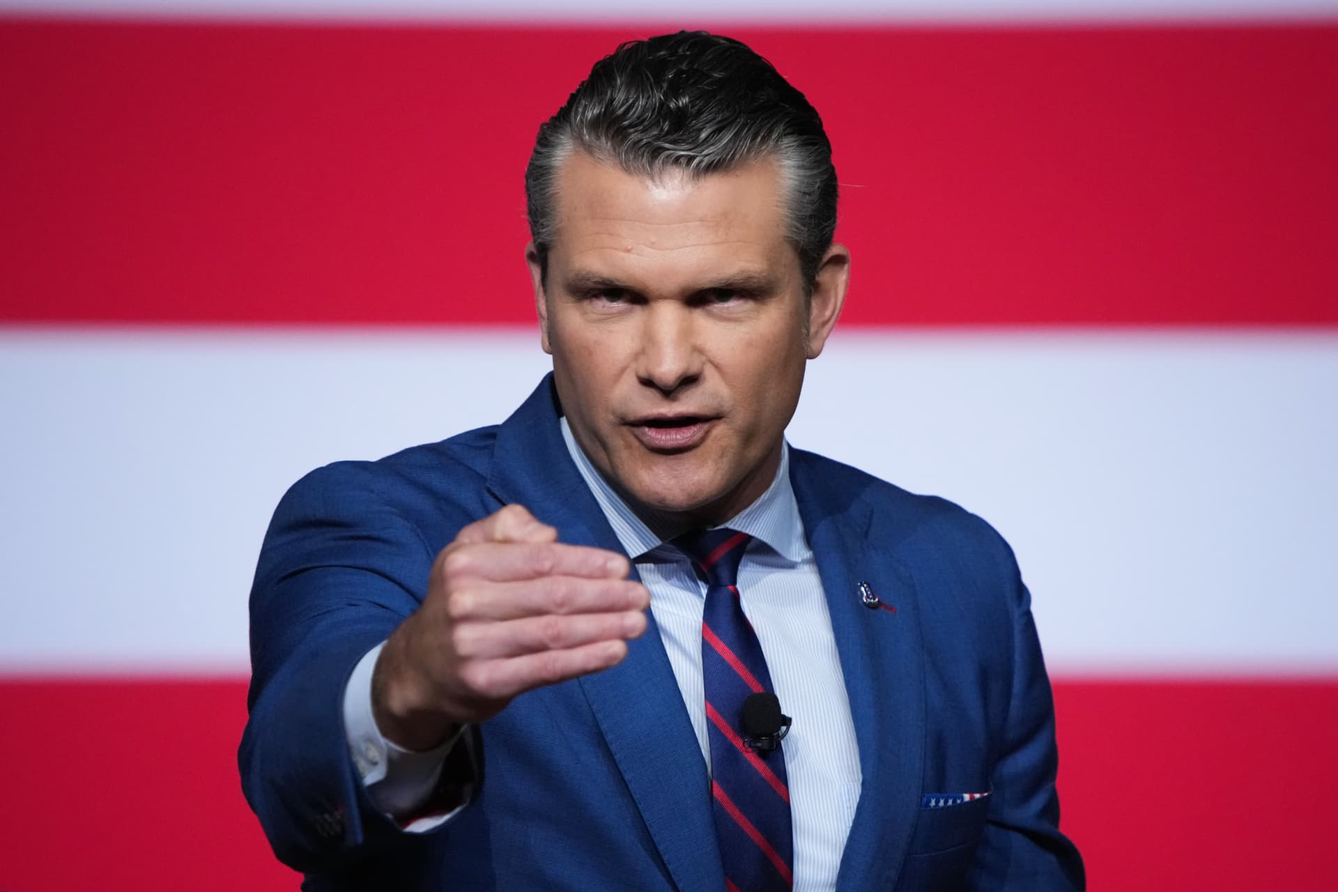Secretary Pete Hegseth speaks to senior military leaders at Marine Corps Base Quantico in Virginia on September 30, 2025.