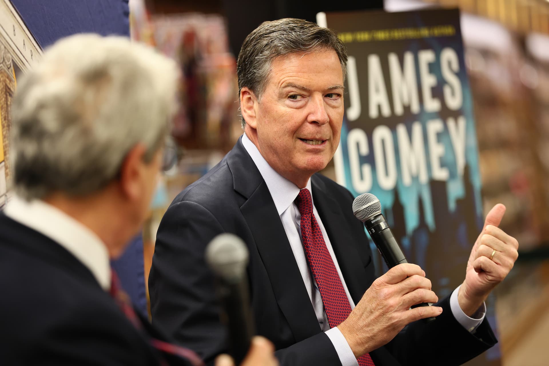 The former FBI director, James Comey, speaks at a book launch at New York City on May 19, 2025.