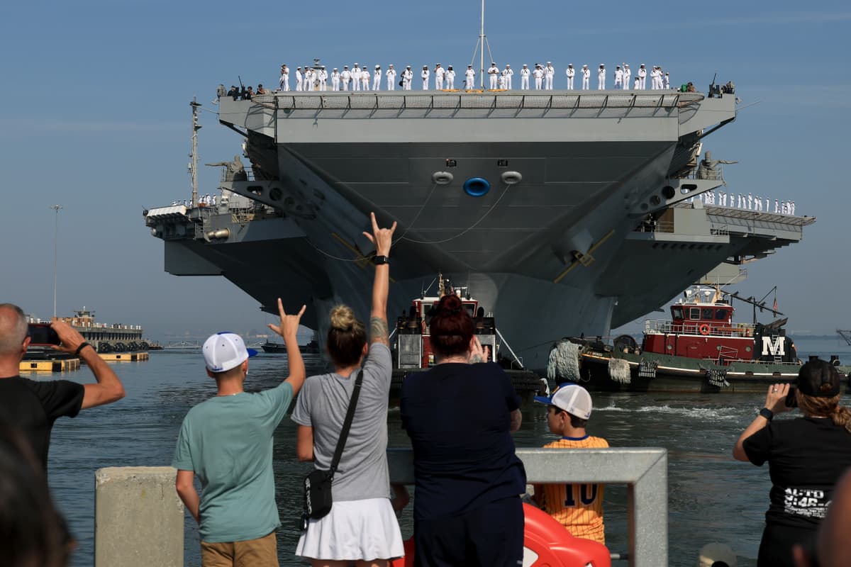 The USS Gerald R. Ford departs from Naval Station Norfolk, Virginia, bound for the Middle East on June 24, 2025.
