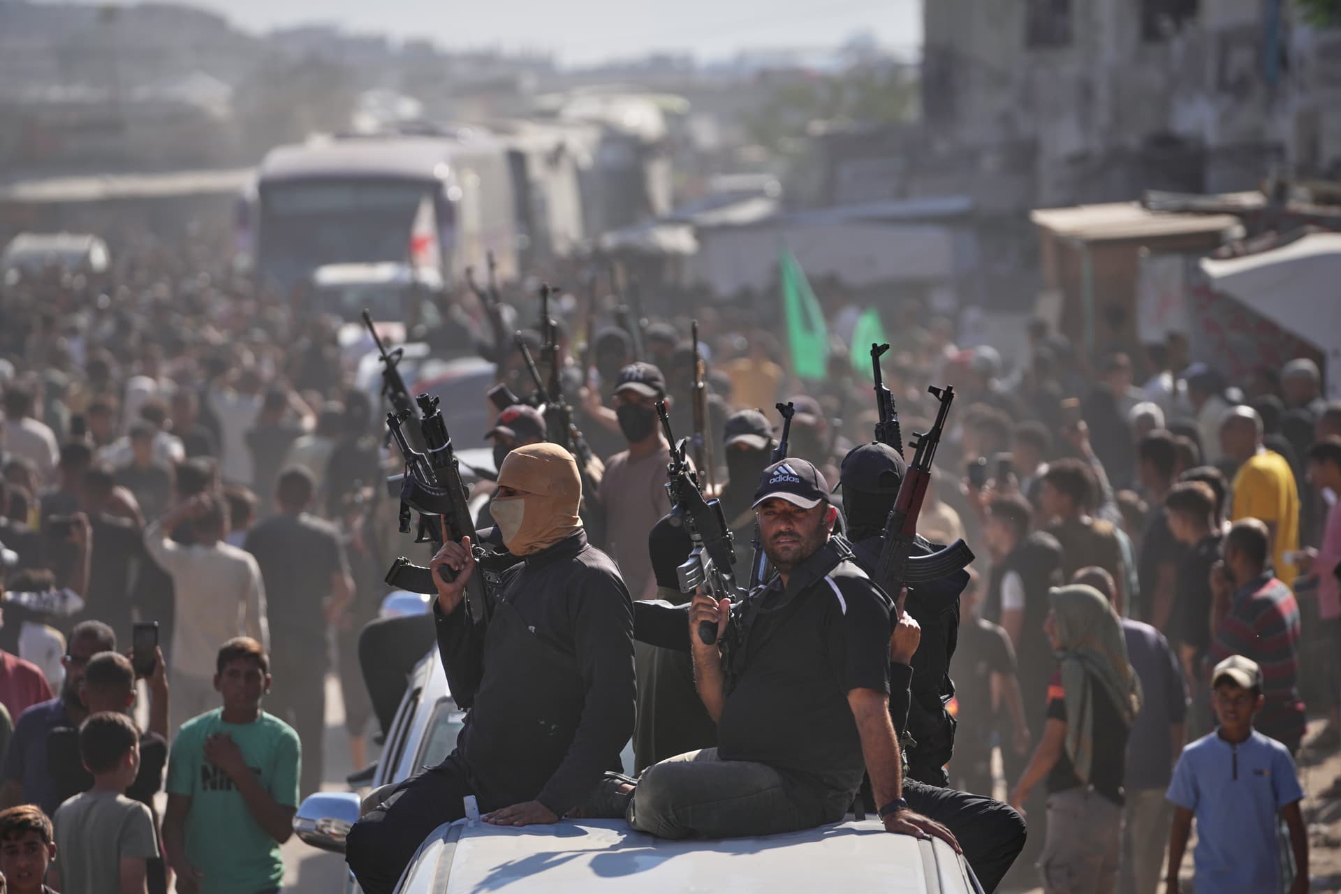 Hamas gunmen on pickup trucks at Khan Younis, southern Gaza Strip, October 13, 2025. 