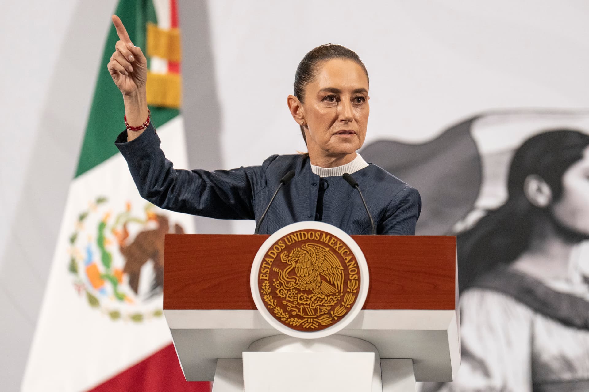 President Claudia Sheinbaum of Mexico gestures during her morning press conference at Mexico City on November 3, 2025. 