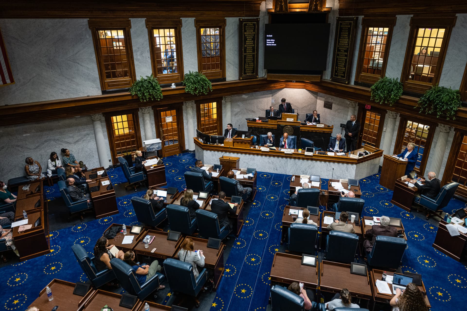 Indiana state senators meet in the Senate chamber at Indianapolis on July 25, 2022.