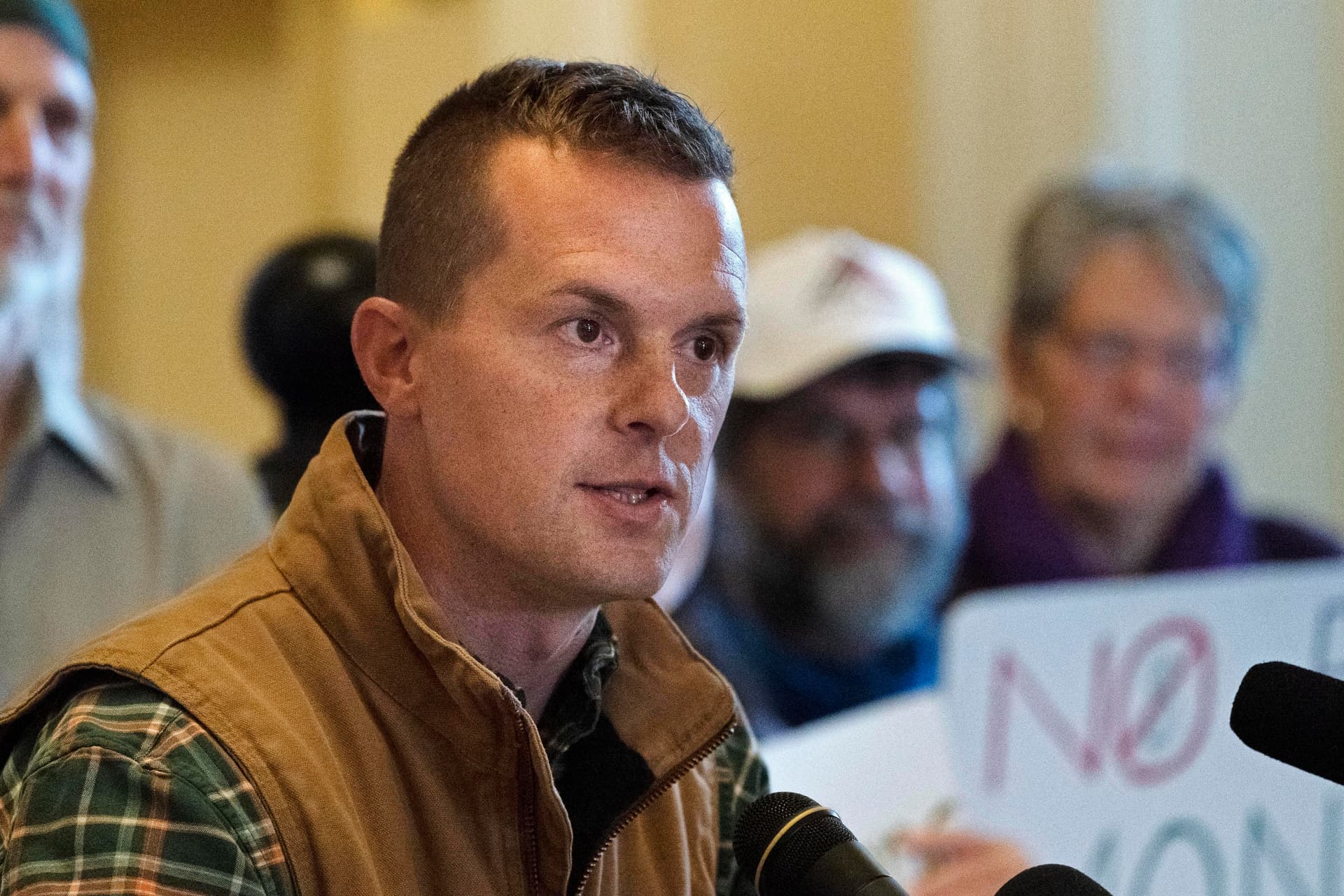 Congressman Jared Golden at the Statehouse in Augusta, Maine. Golden was the only House Democrat to vote against a War Powers resolution on May 14.