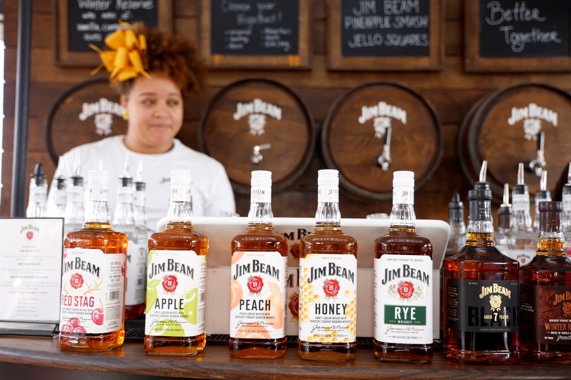 Products of Jim Beam, which is halting production at its main distillery in Kentucky for 2026, are displayed during a wine and food festival at New York City on October 19, 2024.