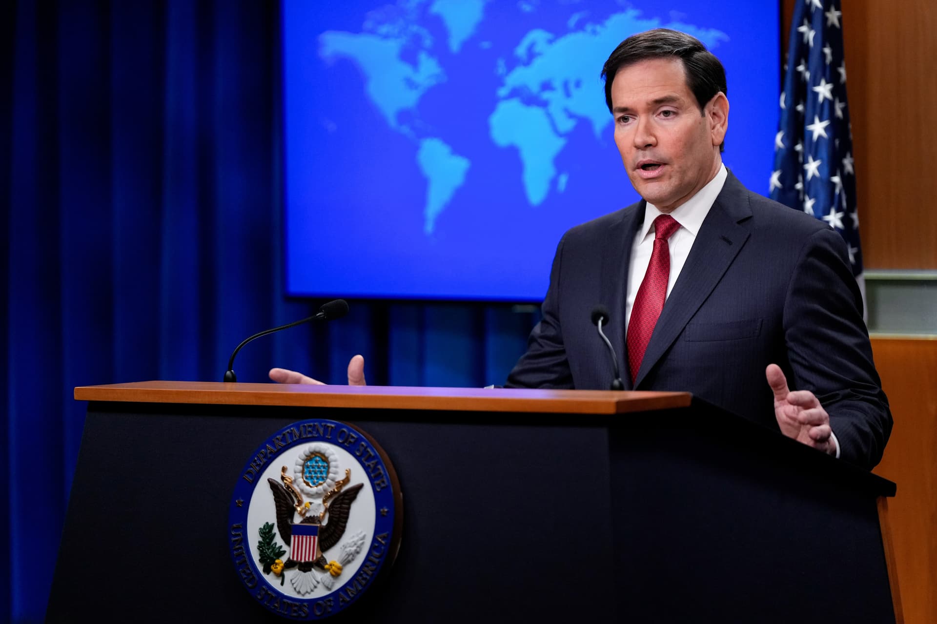 The secretary of state, Marco Rubio, speaks during a news conference at the State Department on December 19, 2025.
