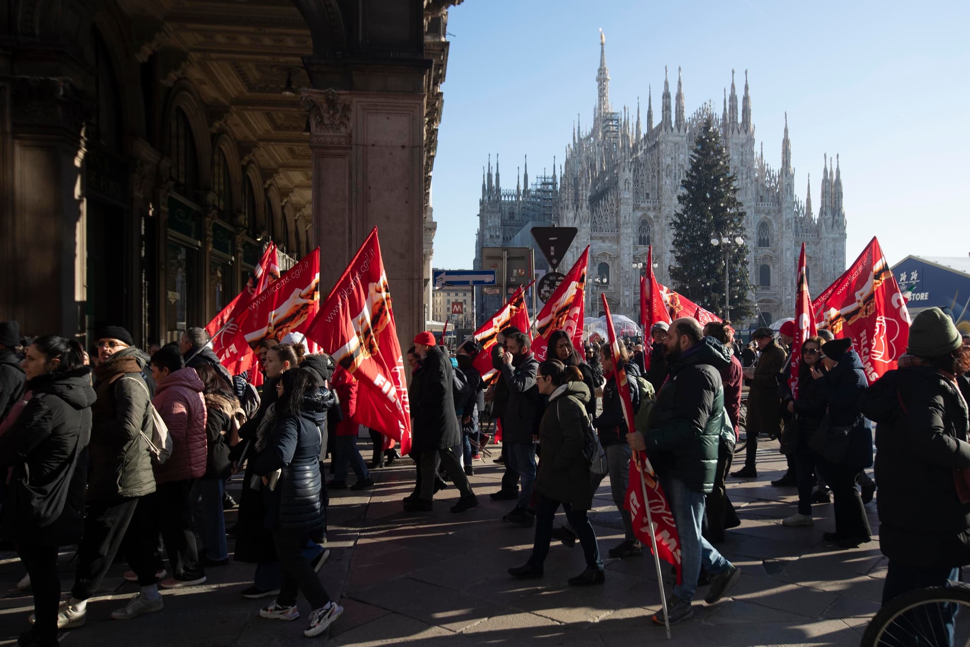 Demonstrators at Milan during a strike called by the Italian General Confederation of Labour to protest against Italy's budget, December 12, 2025