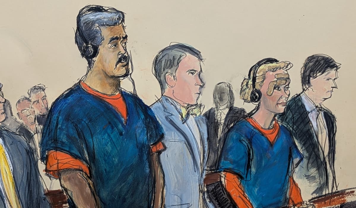 In this courtroom sketch, President Nicolas Maduro and his wife, Cilia Flores, appear in Manhattan federal court with their defense attorneys Mark Donnelly and Andres Sanchez, Monday, January 5, 2026, at New York. 