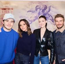 Brooklyn Beckham, Victoria Beckham, Nicola Peltz Beckham and David Beckham appear during a ‘Cloud 23’ promotional event in October 2024.