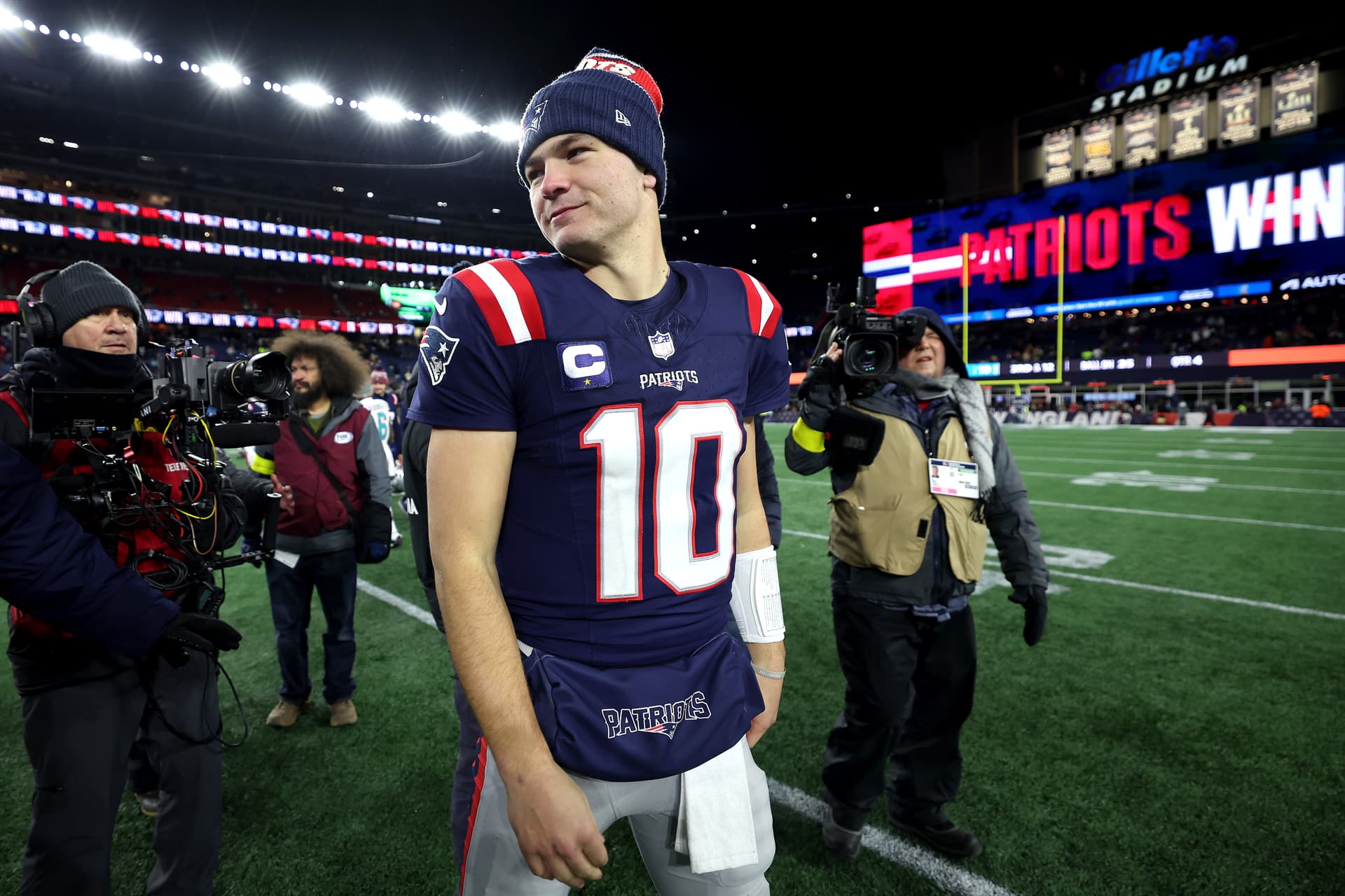Drake Maye of the New England Patriots celebrates after defeating the Miami Dolphins at Foxborough, Massachusetts, on January 4, 2026.