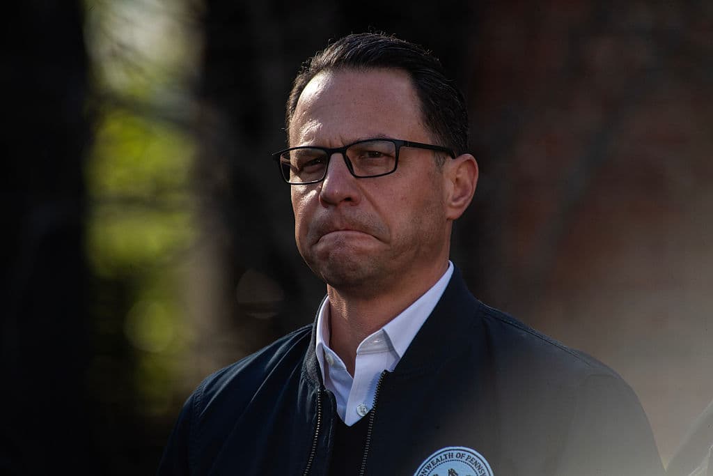 Governor Josh Shapiro speaks during a press conference outside of the Governor's Mansion on April 13, 2025 at Harrisburg. 