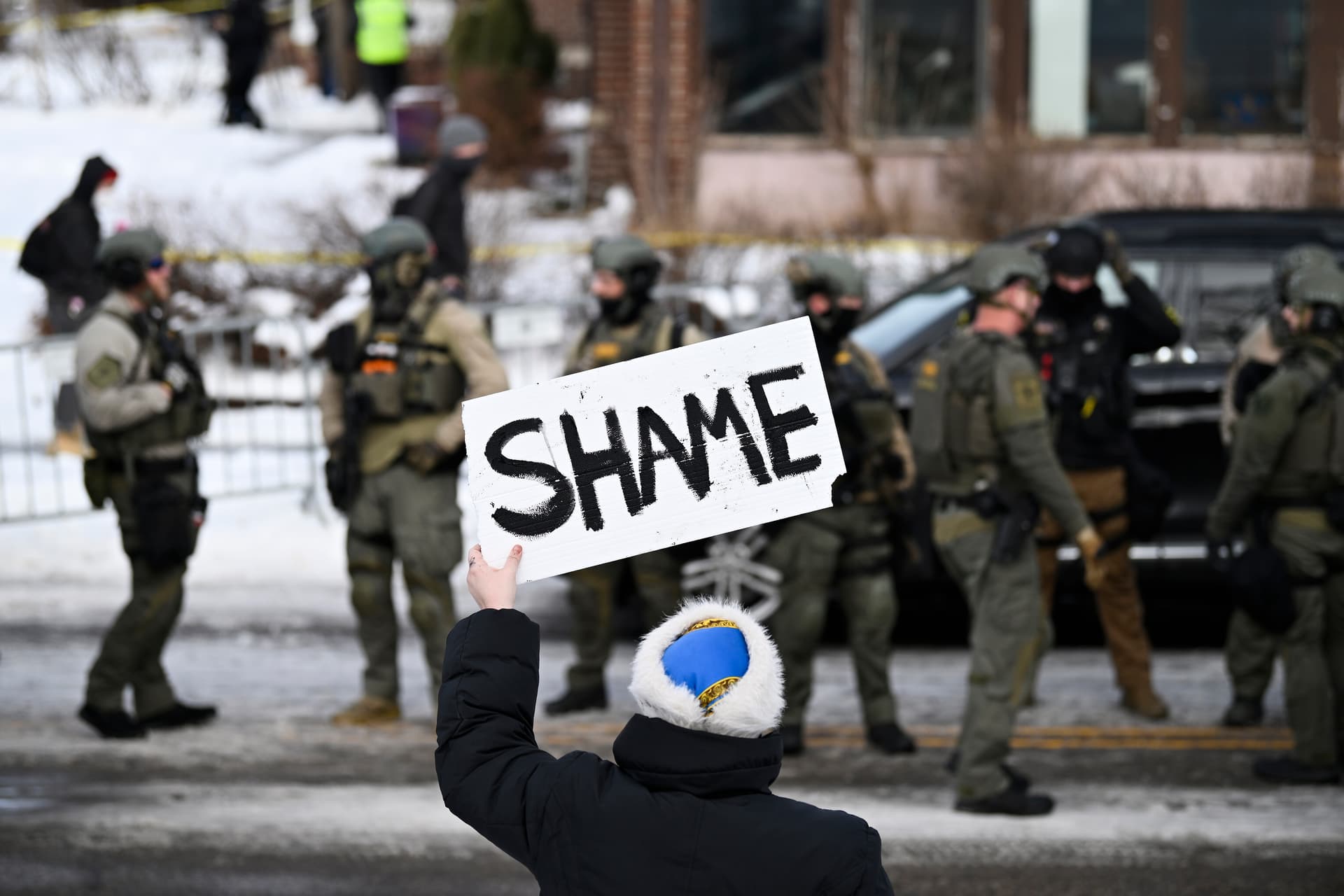 A protester at the scene following a suspected shooting by an ICE agent during federal law enforcement operations on January 7, 2026 at Minneapolis, Minnesota.
