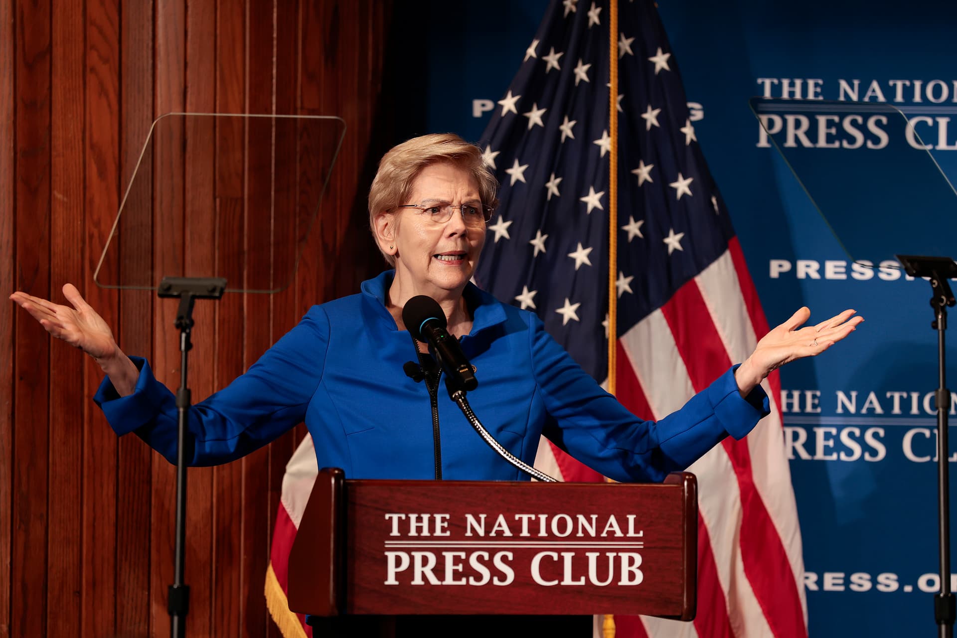 Senator Elizabeth Warren speaks about affordability at the National Press Building at Washington, D.C., on January 12, 2026.
