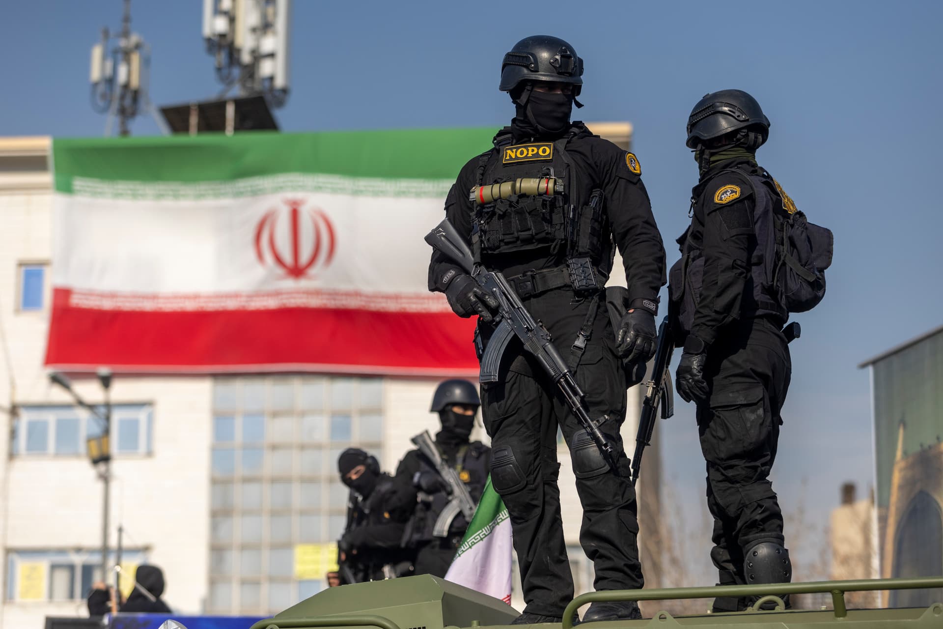 Security forces are seen during a pro-government rally on January 12, 2026, at Tehran, Iran.