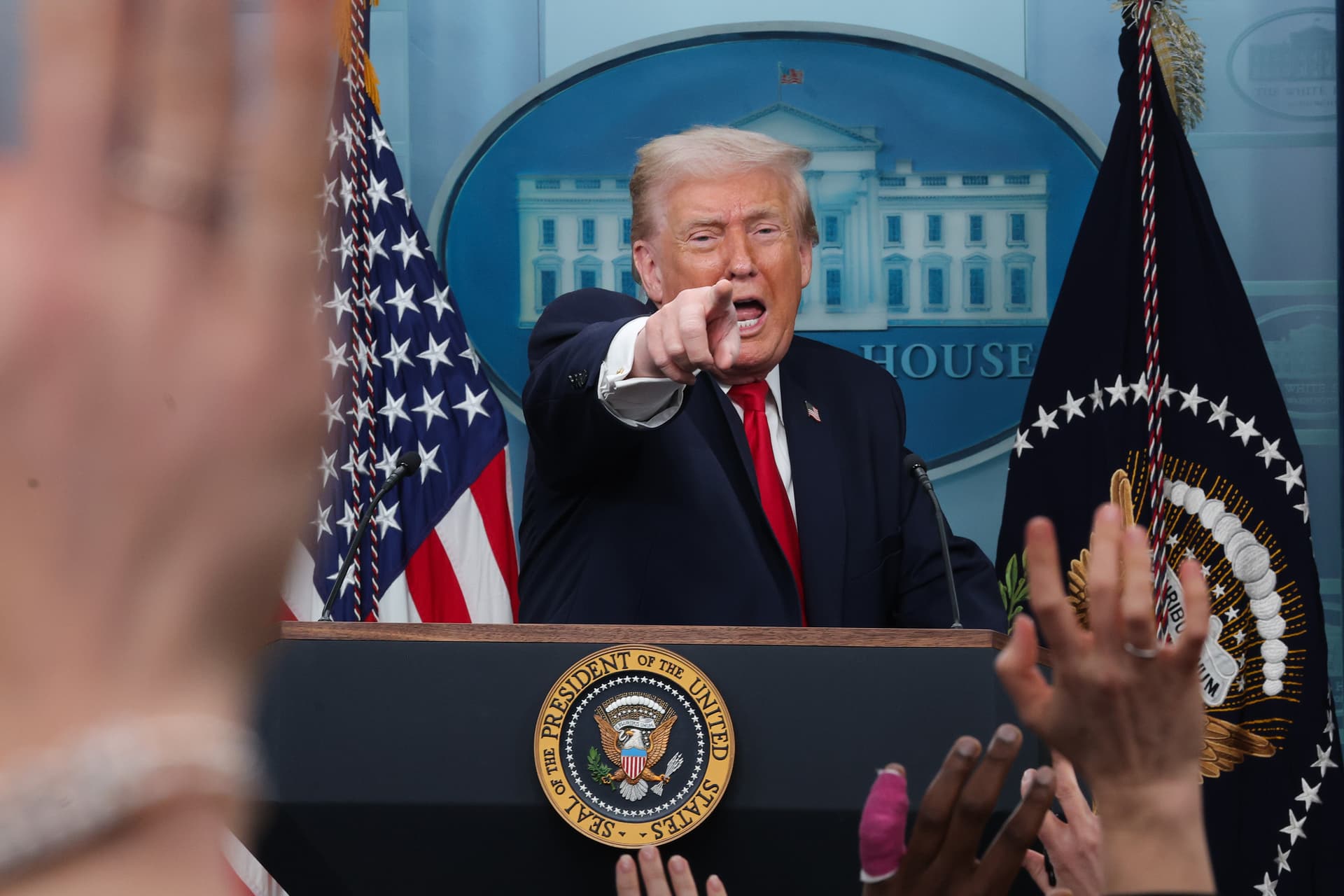 President Trump takes questions during a press briefing in the James S. Brady Press Briefing Room of the White House.