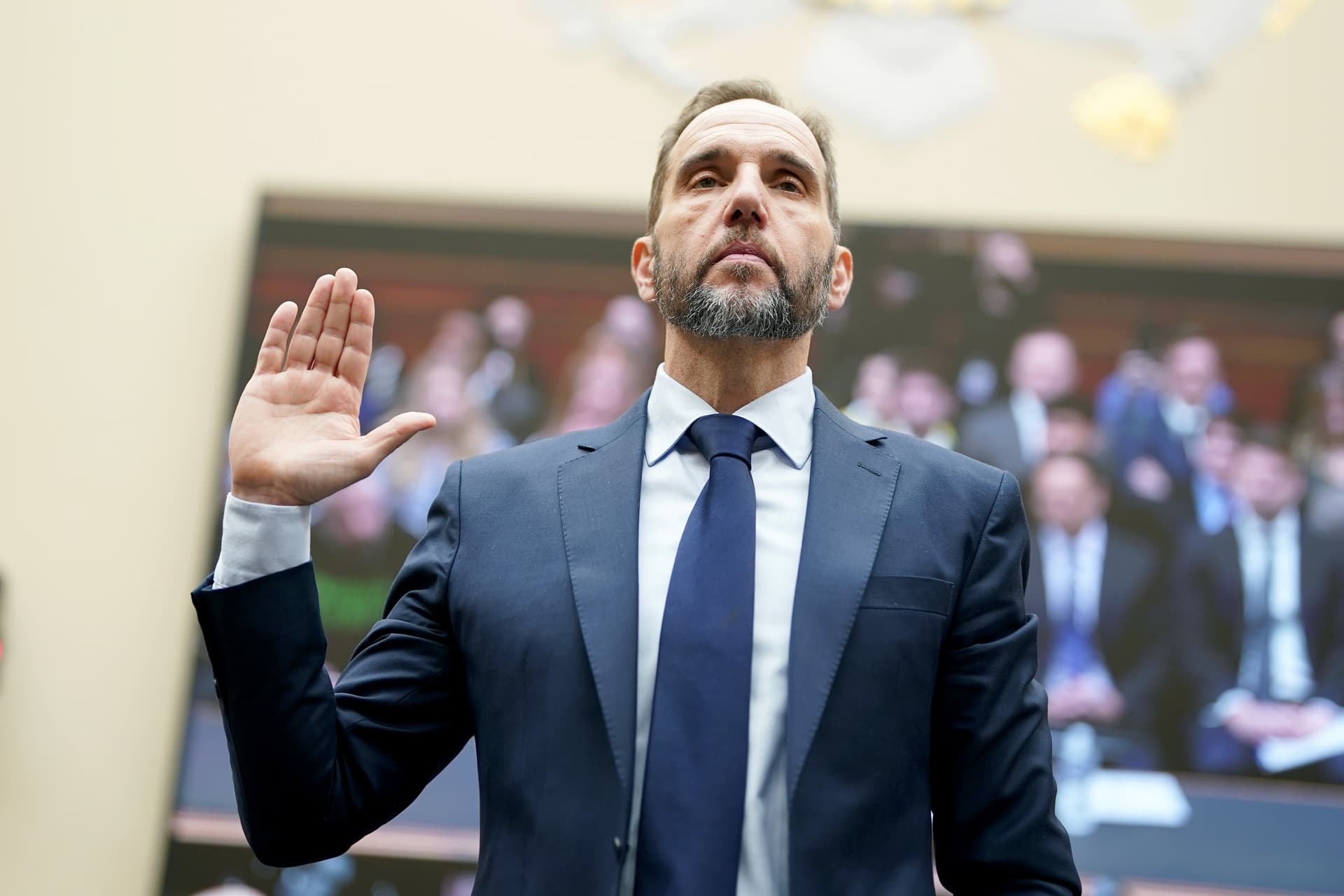 Special Counsel Jack Smith is sworn in before he testifies during a hearing before the House Judiciary Committee on January 22, 2026 at Washington, DC.  