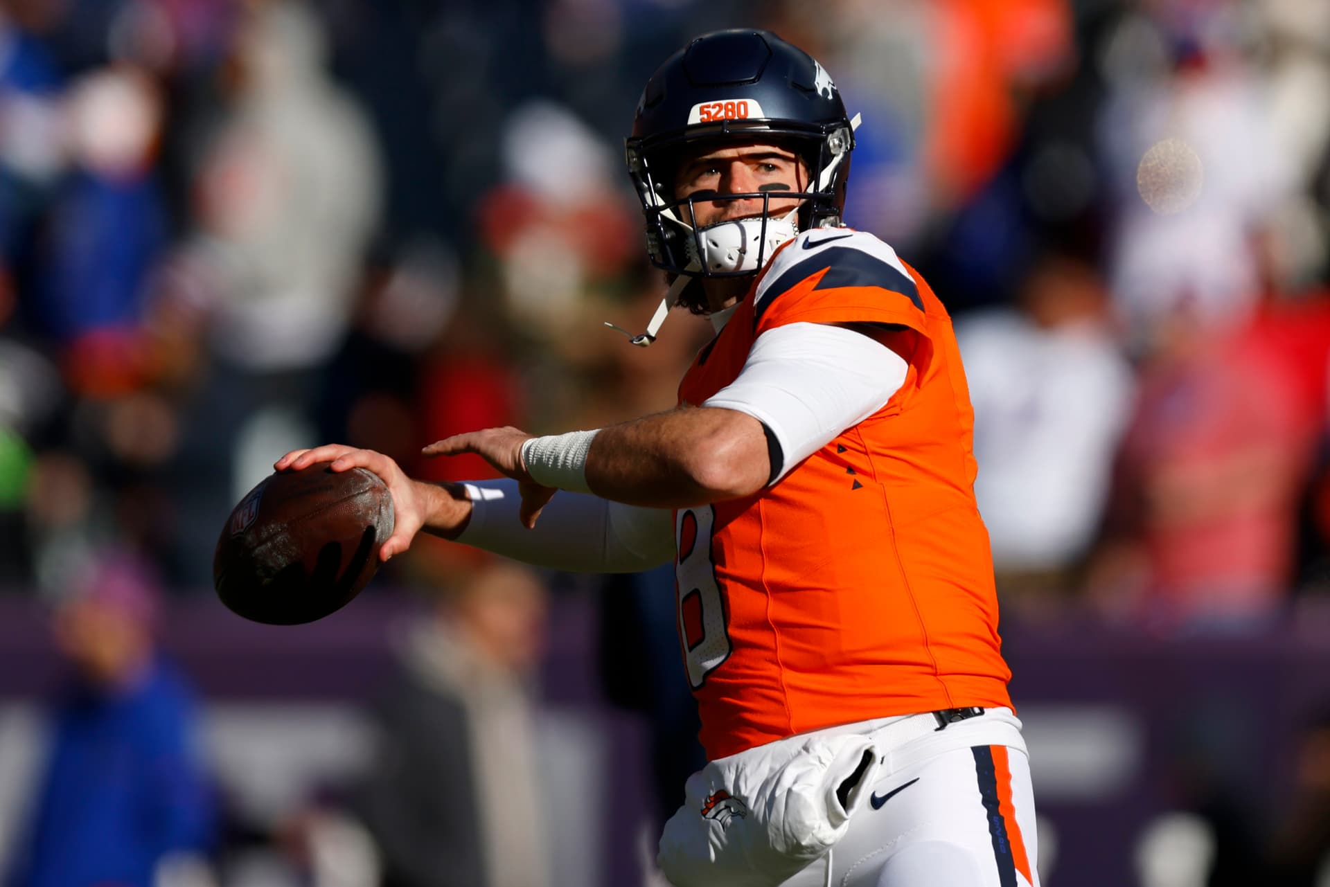 Jarrett Stidham of the Denver Broncos warms up prior to the AFC Divisional Playoff game at Denver, Colorado, on January 17, 2026. Justin Edmonds/Getty Images