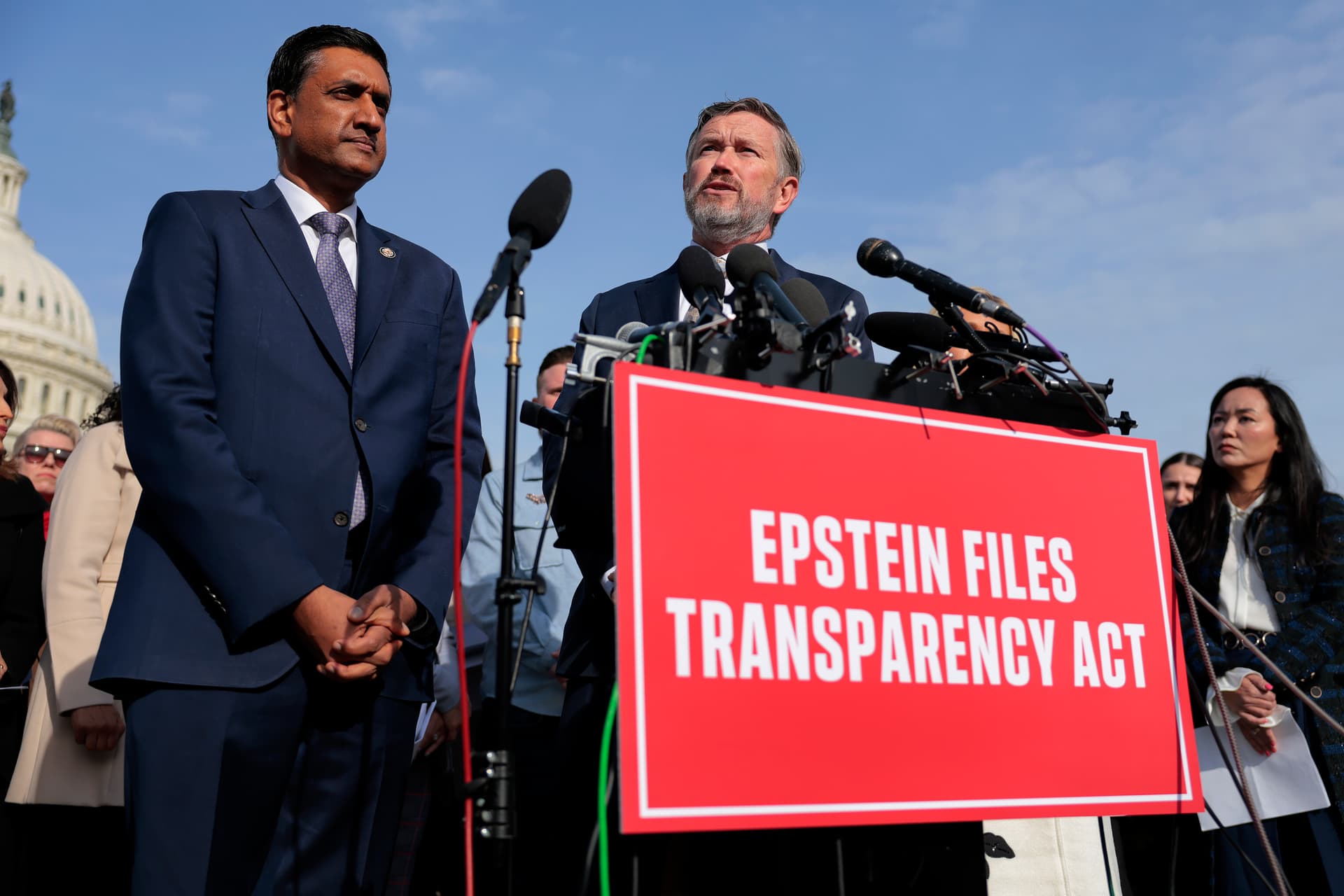 Representatives Thomas Massie and Ro Khanna speak to reporters about the Epstein Files Transparency Act outside the U.S. Capitol on November 18, 2025. 