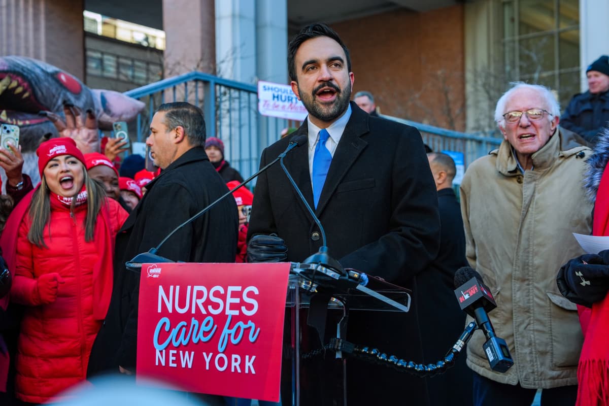Mayor Zohran Mamdani, joined by Senator Bernie Sanders, speaks during a New York State Nurses Association picket line at New York City on January 20, 2026.
