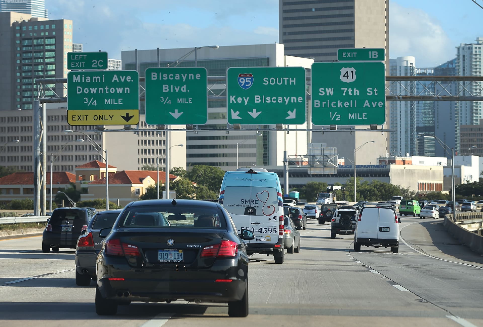 Vehicles travel on I-95 at Miami, Florida, where a new state regulation will require that drivers’ license tests be conducted only in English.