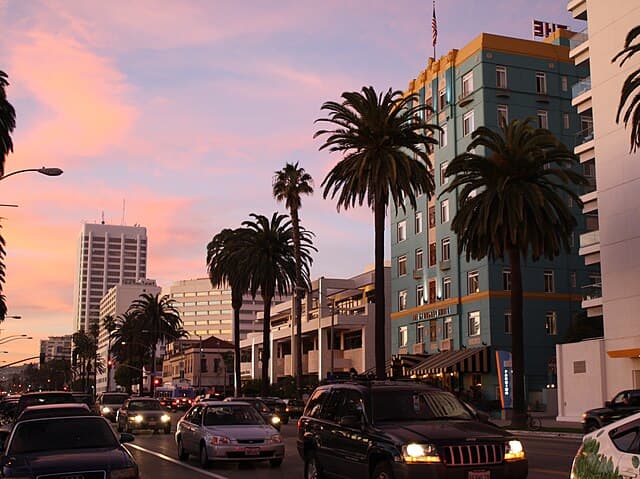 Ocean Avenue at sunset at Santa Monica, California.