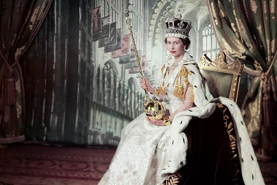 Queen Elizabeth II on her coronation day at Westminster Abbey on June 2, 1953.