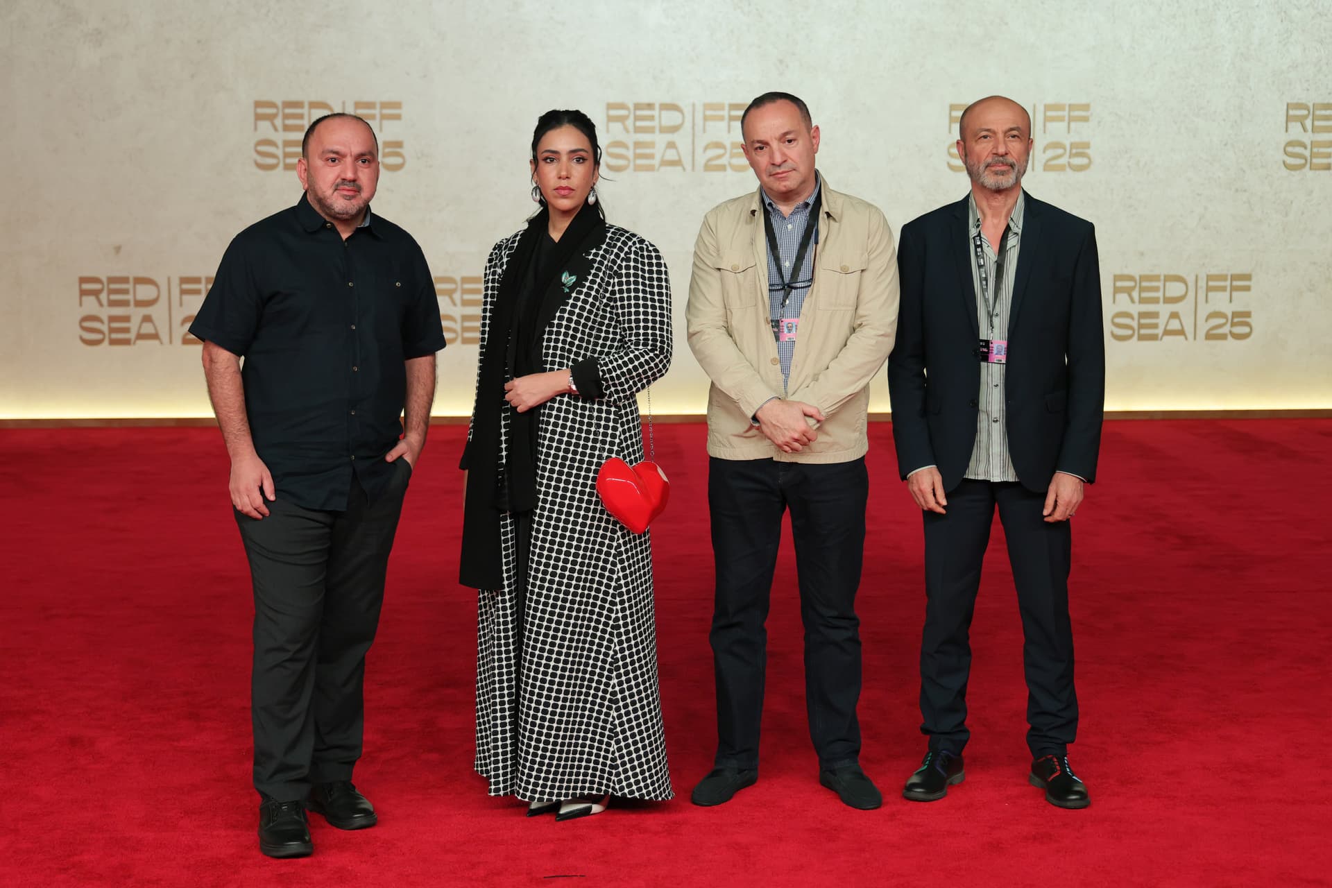From left, Zeinab Abu Alsamh, Firas Dehni and Jay Abdo attend the 'The Voice of Hind Rajab' screening at the Red Sea International Film Festival 2025 on December 10, 2025 at Jeddah, Saudi Arabia.l)