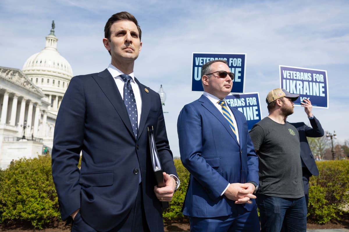 Representative Jake Auchincloss, left, outside the Capitol on March 13, 2024. 