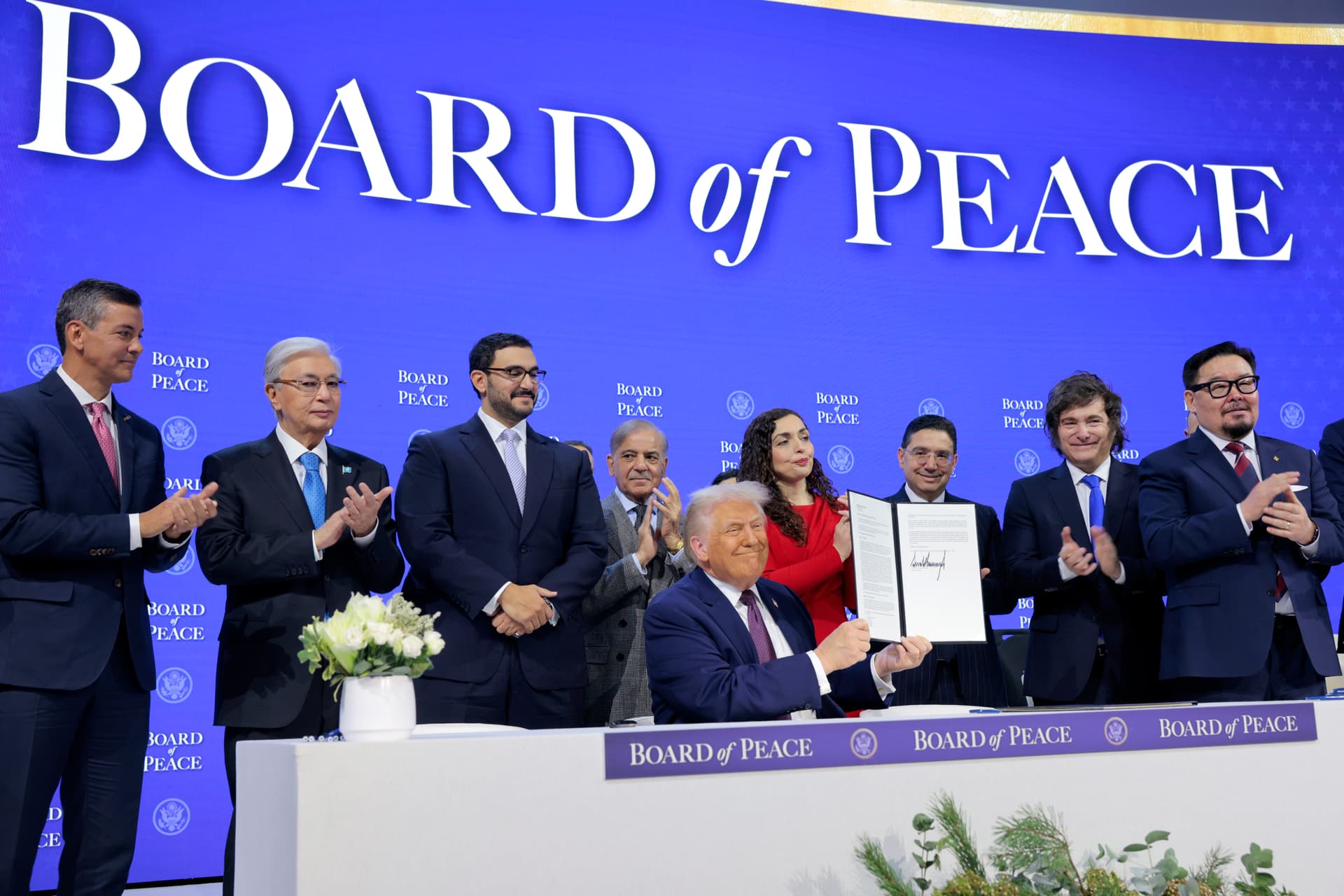 President Trump and world leaders at the signing ceremony for the 'Board of Peace' at the World Economic Forum on January 22, 2026.