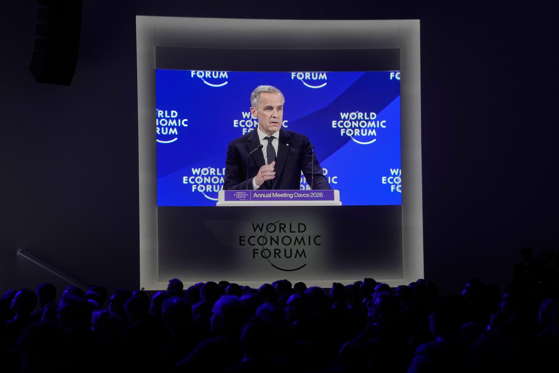 Prime Minister Mark Carney speaks during the Annual Meeting of the World Economic Forum in Davos, Switzerland, January 20, 2026. 