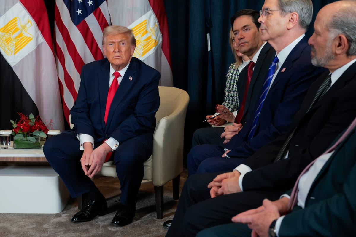 President Trump attends a meeting with President of Egypt Abdel Fattah el-Sisi (not pictured) alongside Secretary of State Marco Rubio, Treasury Secretary Scott Bessent and Commerce Secretary Howard Lutnick on the sidelines of the World Economic Forum Annual Meeting on January 21, 2026 in Davos, Switzerland. 