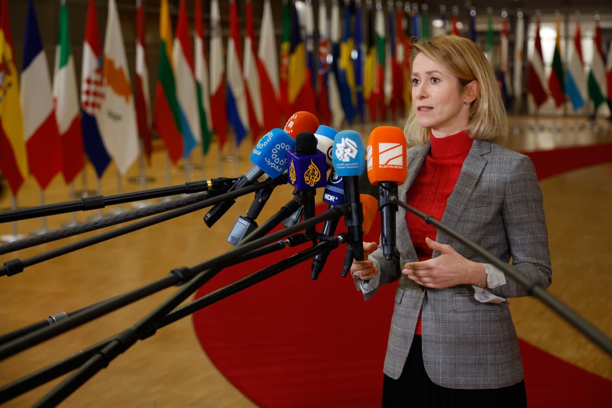 European Union foreign policy chief Kaja Kallas speaks with the media as she arrives for a meeting of EU foreign ministers at the European Council.