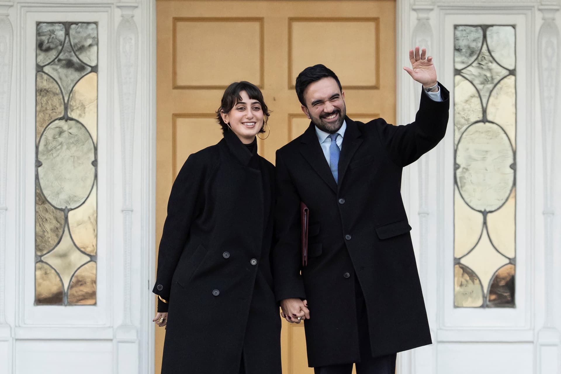 Mayor Zohran Mamdani, right, and his wife Rama Duwaji at Gracie Mansion, January 12, 2026. 