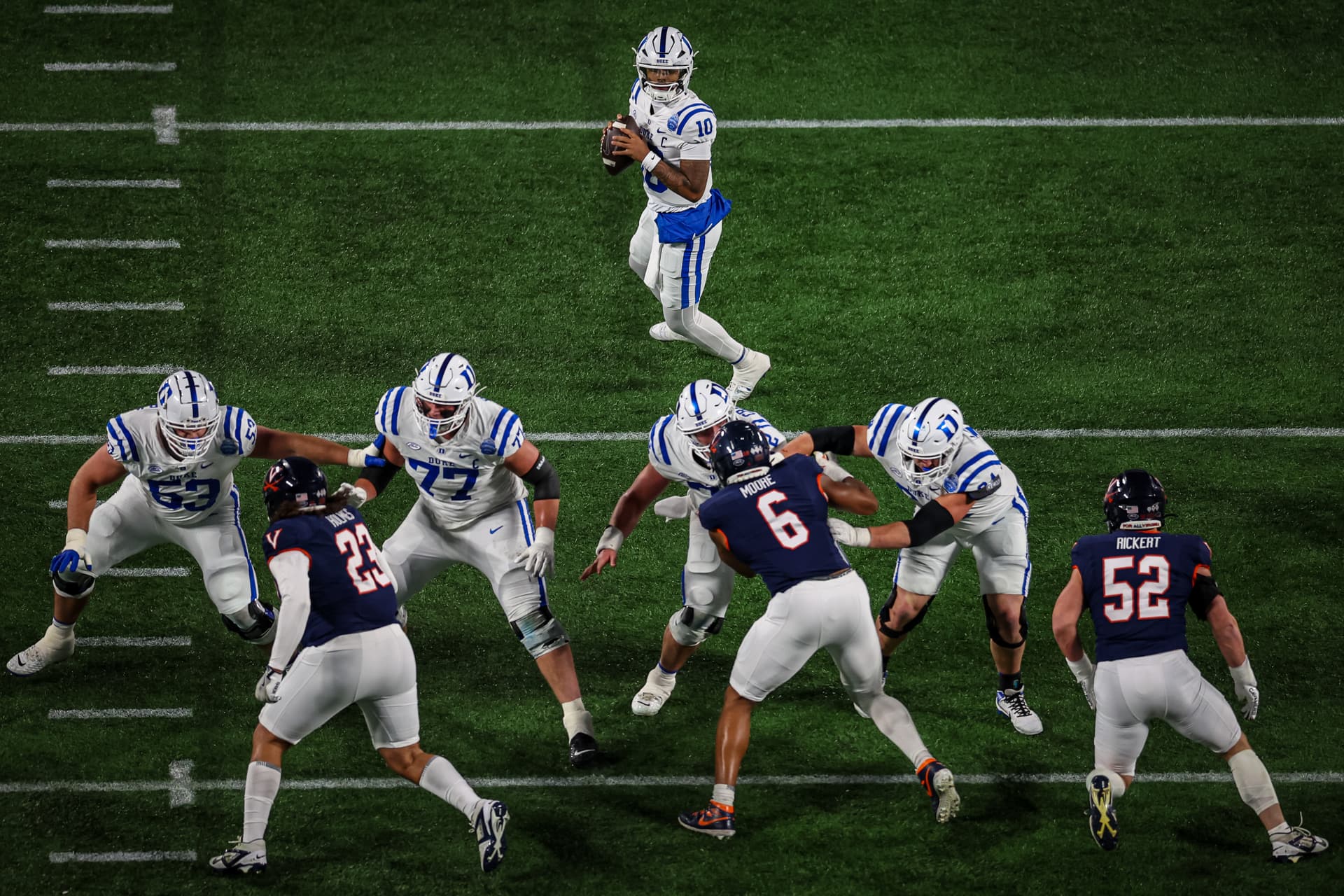Darian Mensah of the Duke Blue Devils looks to pass the ball during the first half of the 2025 ACC Football Championship against the Virginia Cavaliers at Bank of America Stadium on December 6, 2025 at Charlotte, North Carolina. 