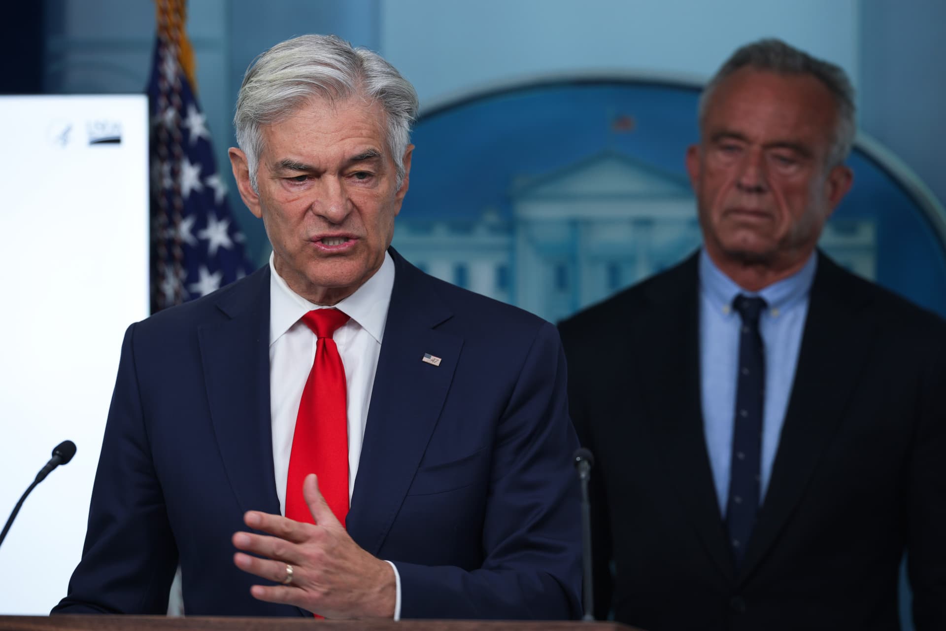 Administrator for the Centers for Medicare & Medicaid Services Mehmet Oz speaks during a news briefing at the White House.