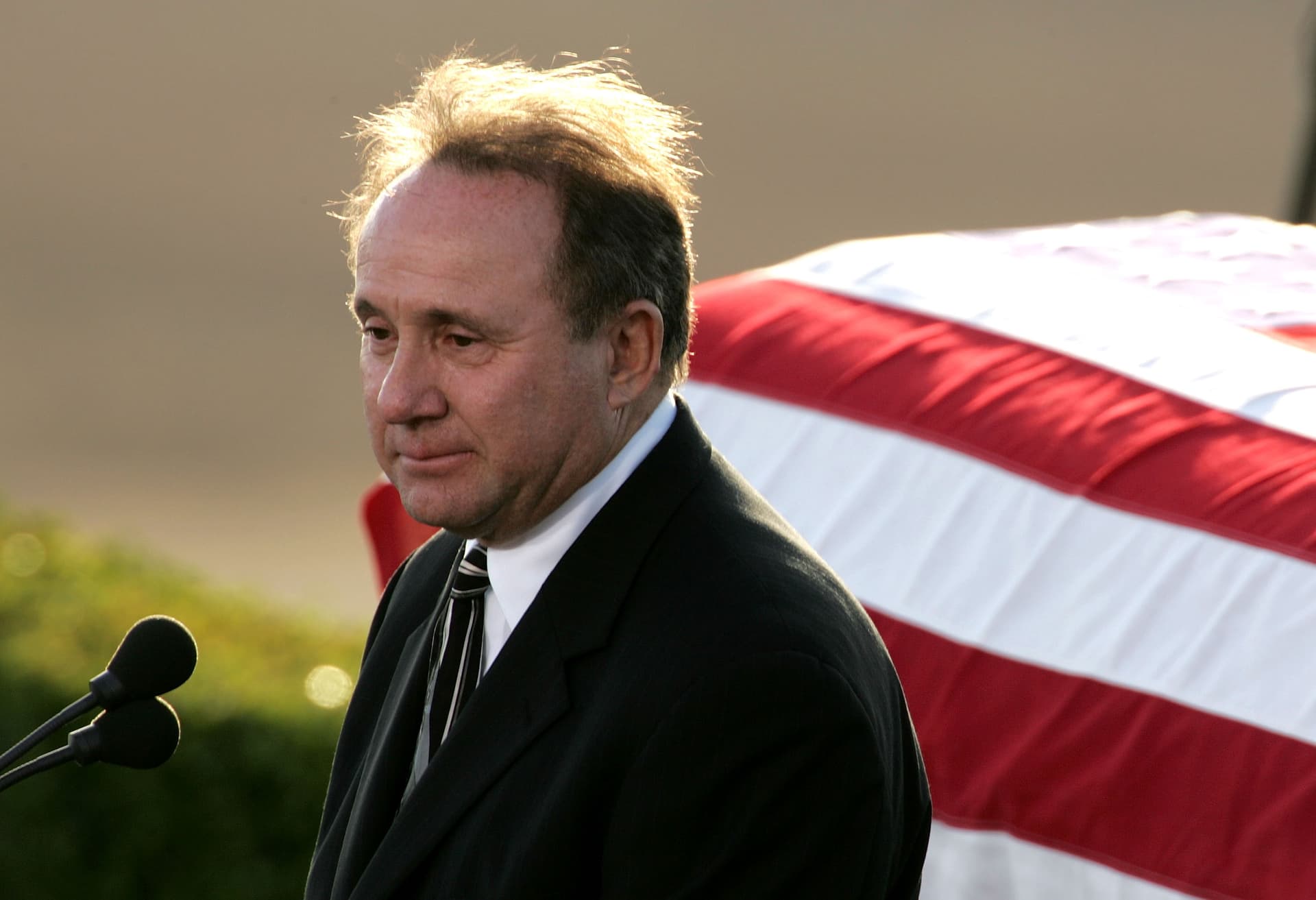 Michael Reagan speaks during the interment ceremony of his father, President Reagan, on June 11, 2004 at Simi Valley, California. 
