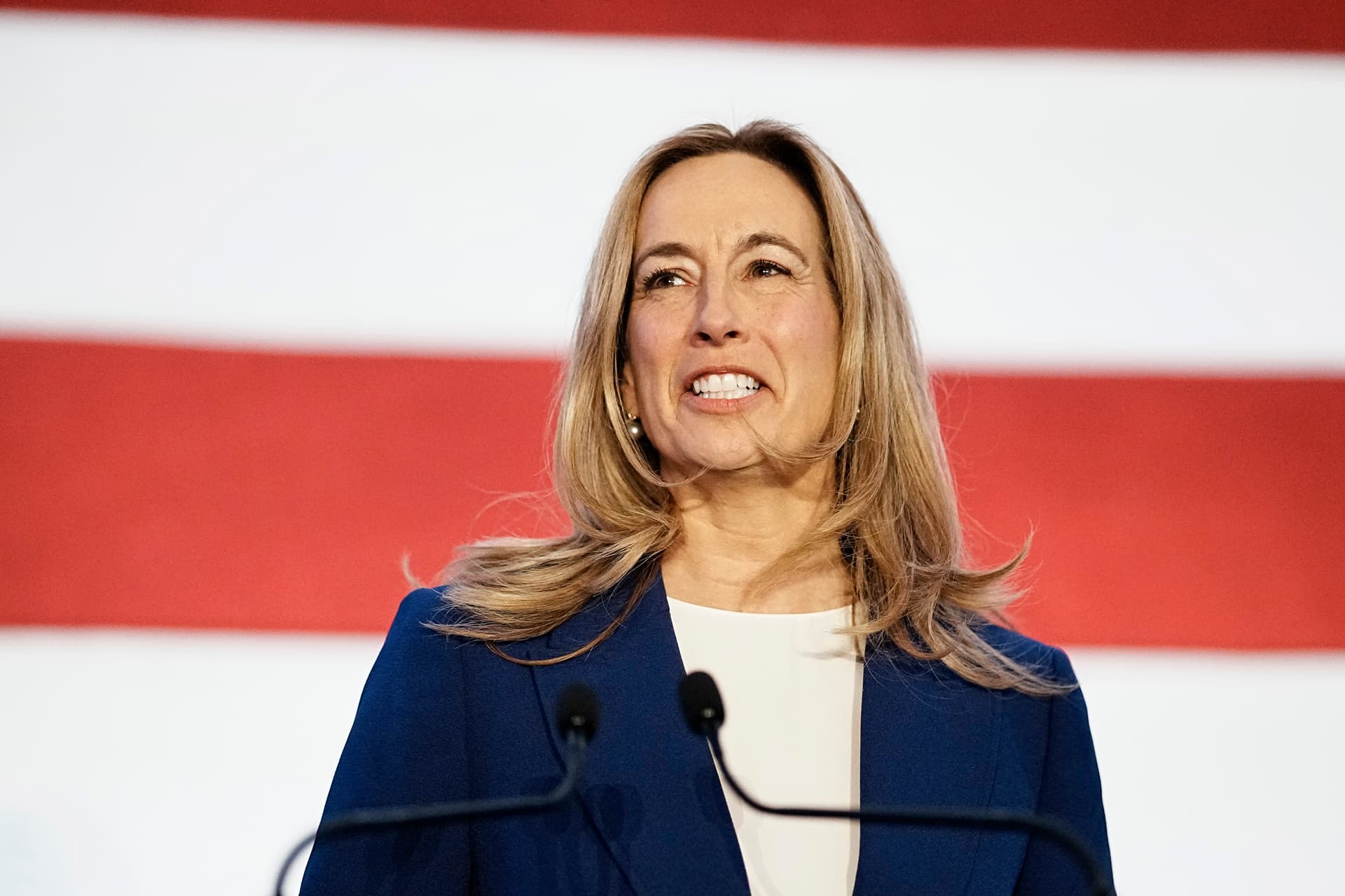 New Jersey Democratic gubernatorial candidate, Rep. Mikie Sherrill delivers remarks at her election night watch party at the Hilton East Brunswick Hotel on November 4, 2025 in East Brunswick, New Jersey. 