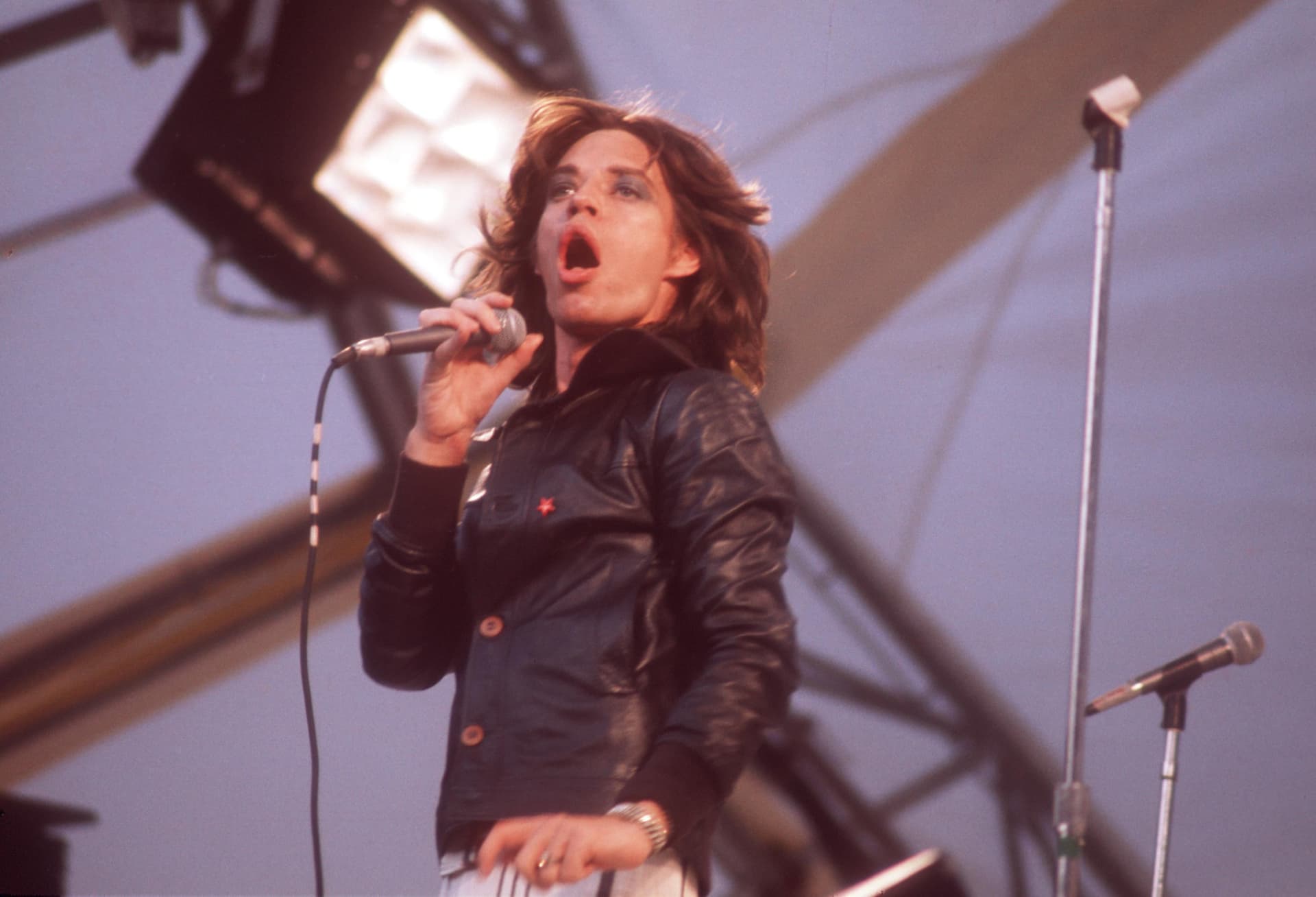 Mick Jagger onstage during the Rolling Stones' performance at Arrowhead Stadium on June 6, 1975 at Kansas City, Missouri. 