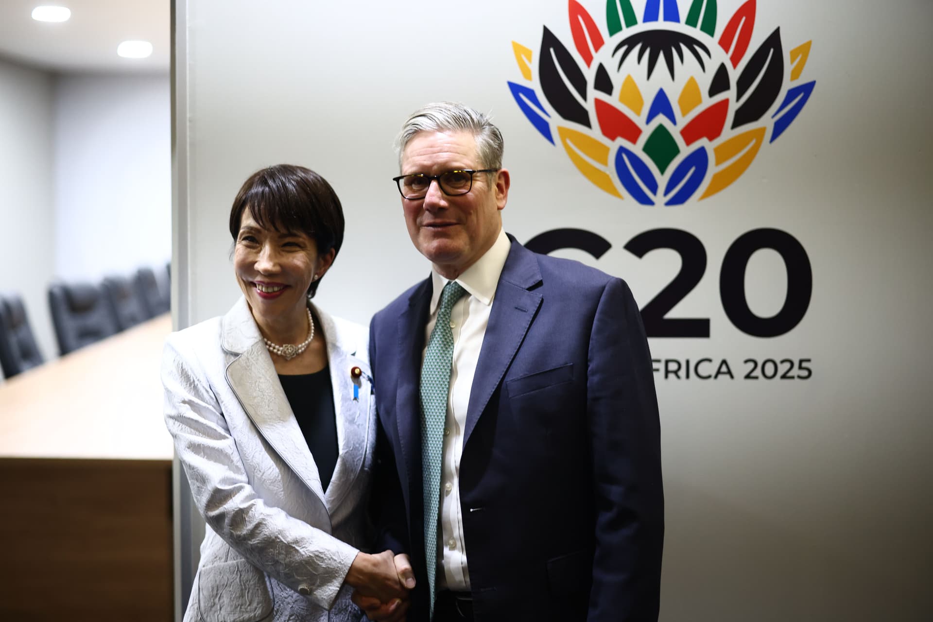 Prime Minister Keir Starmer, right, meets Japan's prime minister, Sanae Takaichi, at the G20 Leaders' Summit on November 22, 2025 at Johannesburg, South Africa. 