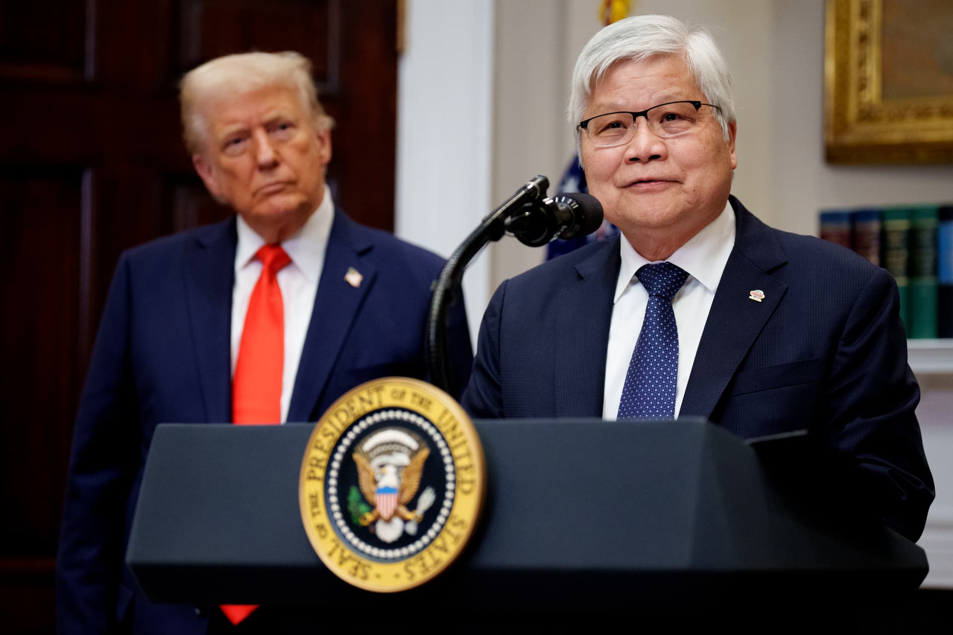 Taiwan Semiconductor Manufacturing Company's chief executive, C.C. Wei, and President Trump at the White House on March 3, 2025.