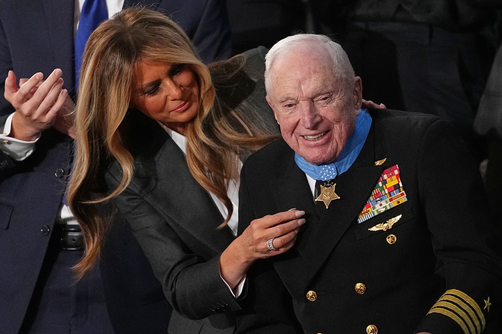 First Lady Melania Trump presents the Congressional Medal of Honor to World War II Navy pilot Captain Royce Williams as President Trump delivers the State of the Union, February 24, 2026.