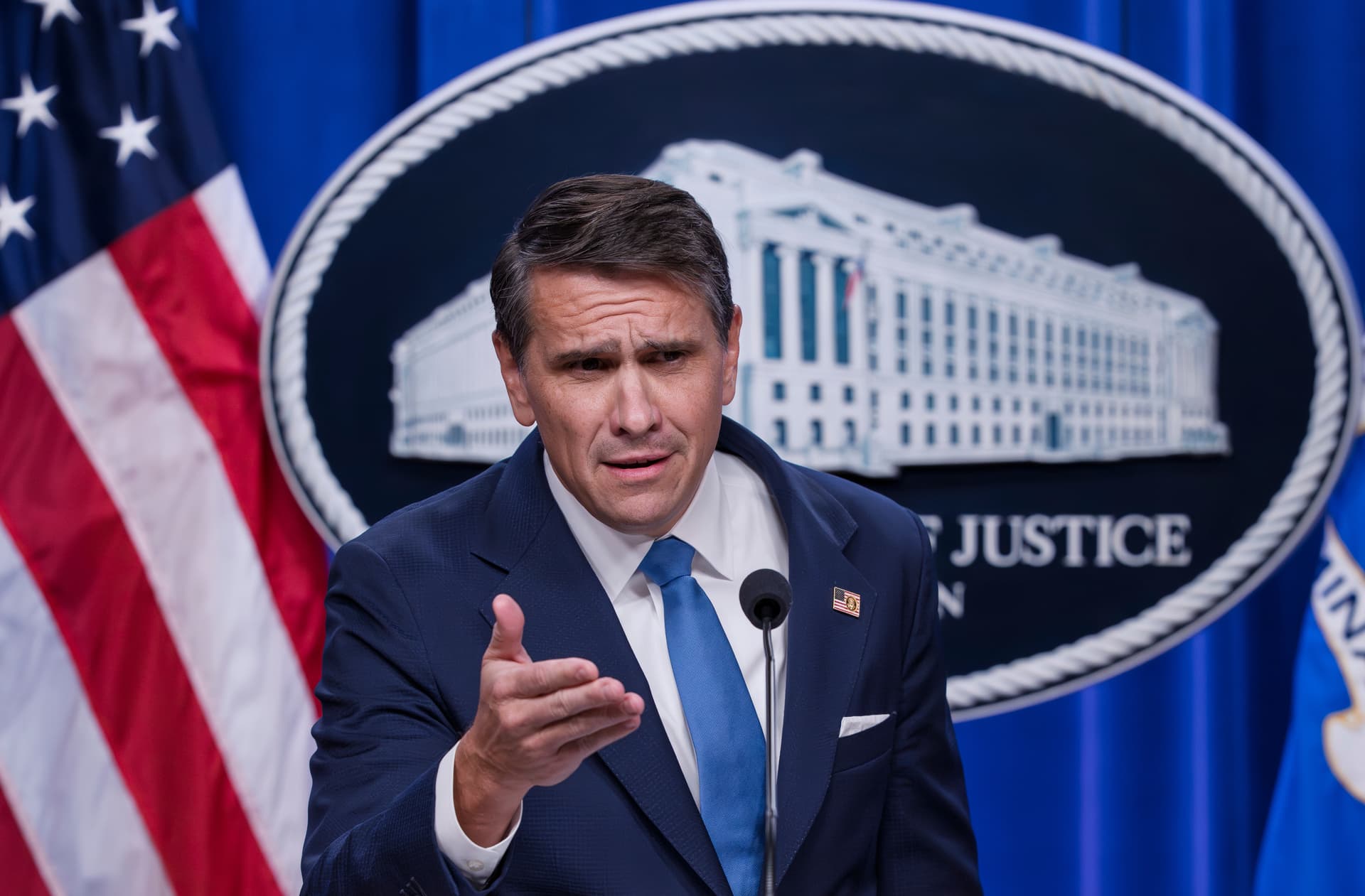 The deputy attorney general, Todd Blanche, takes a question during a news conference at Washington, D.C., on January 30, 2026.