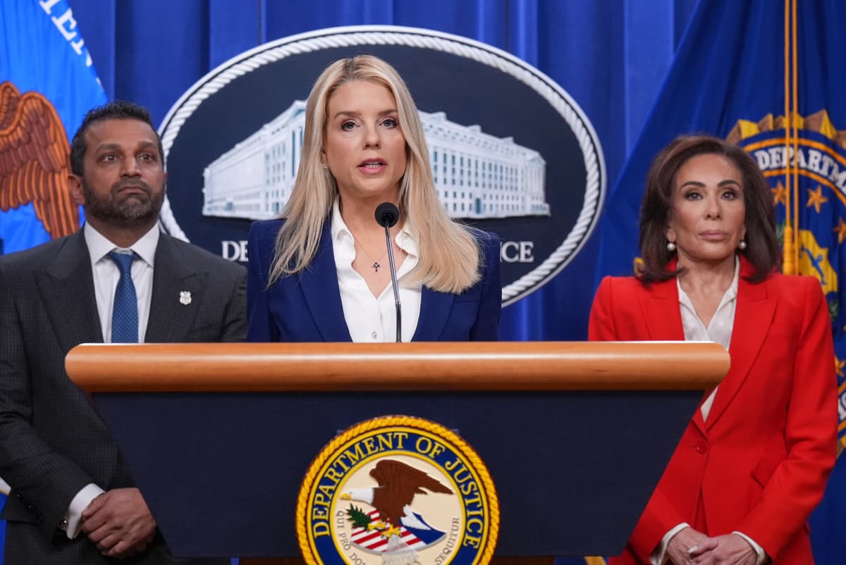 Attorney General Pam Bondi, flanked by the FBI director, Kash Patel, and Jeanine Pirro, the U.S. attorney for the District of Columbia, speaks to reporters at the Justice Department on February 6, 2026.