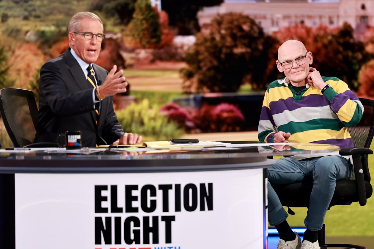 Brian Williams and James Carville speak onstage during Election Night Live With Brian Williams at Culver City, California, on November 5, 2024.