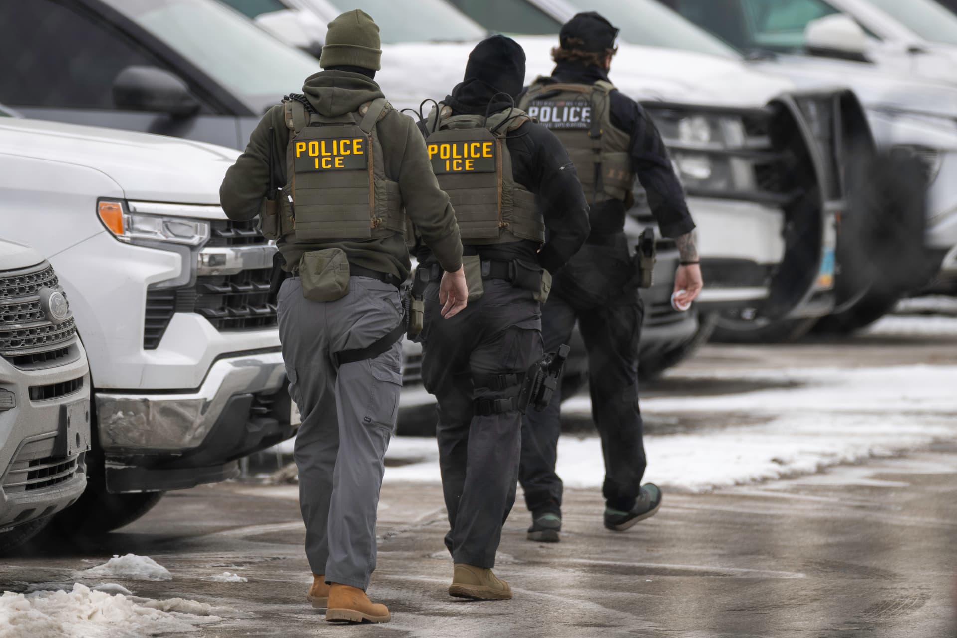 ICE agents outside the Bishop Henry Whipple Federal Building on February 4, 2026 at Minneapolis, Minnesota. 